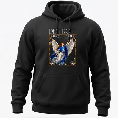 Ornate vintage print of an angel in a blue jersey with the number 97 above the word Detroit — printed on a unisex hoodie