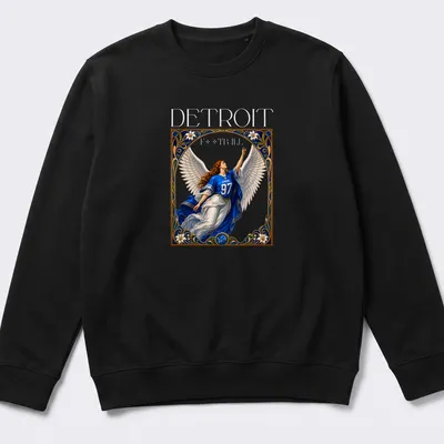 Ornate vintage print of an angel in a blue jersey with the number 97 above the word Detroit — printed on a unisex sweatshirt