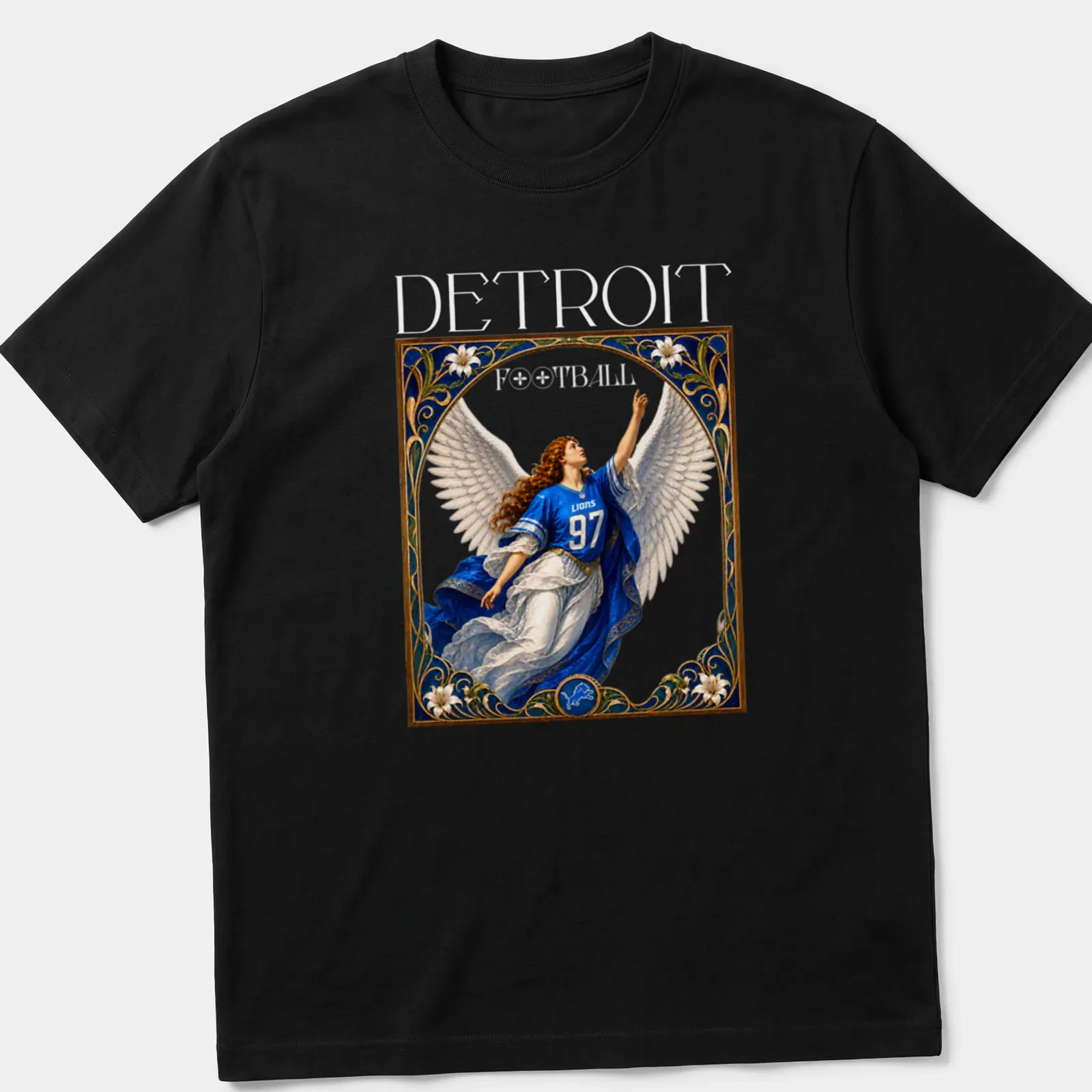 Ornate vintage print of an angel in a blue jersey with the number 97 above the word Detroit — printed on a unisex t-shirt
