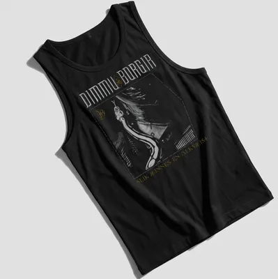 Line art of Dimmu Borgir with printed text in black, gold, and white — printed on a tank top