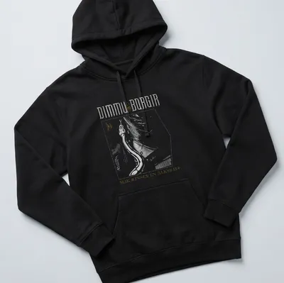 Line art of Dimmu Borgir with printed text in black, gold, and white — printed on a unisex hoodie