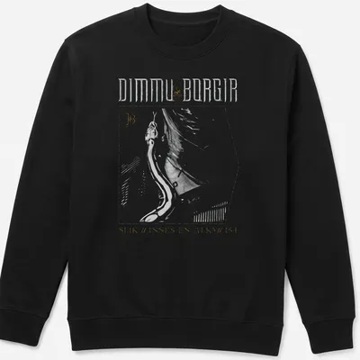Line art of Dimmu Borgir with printed text in black, gold, and white — printed on a unisex sweatshirt