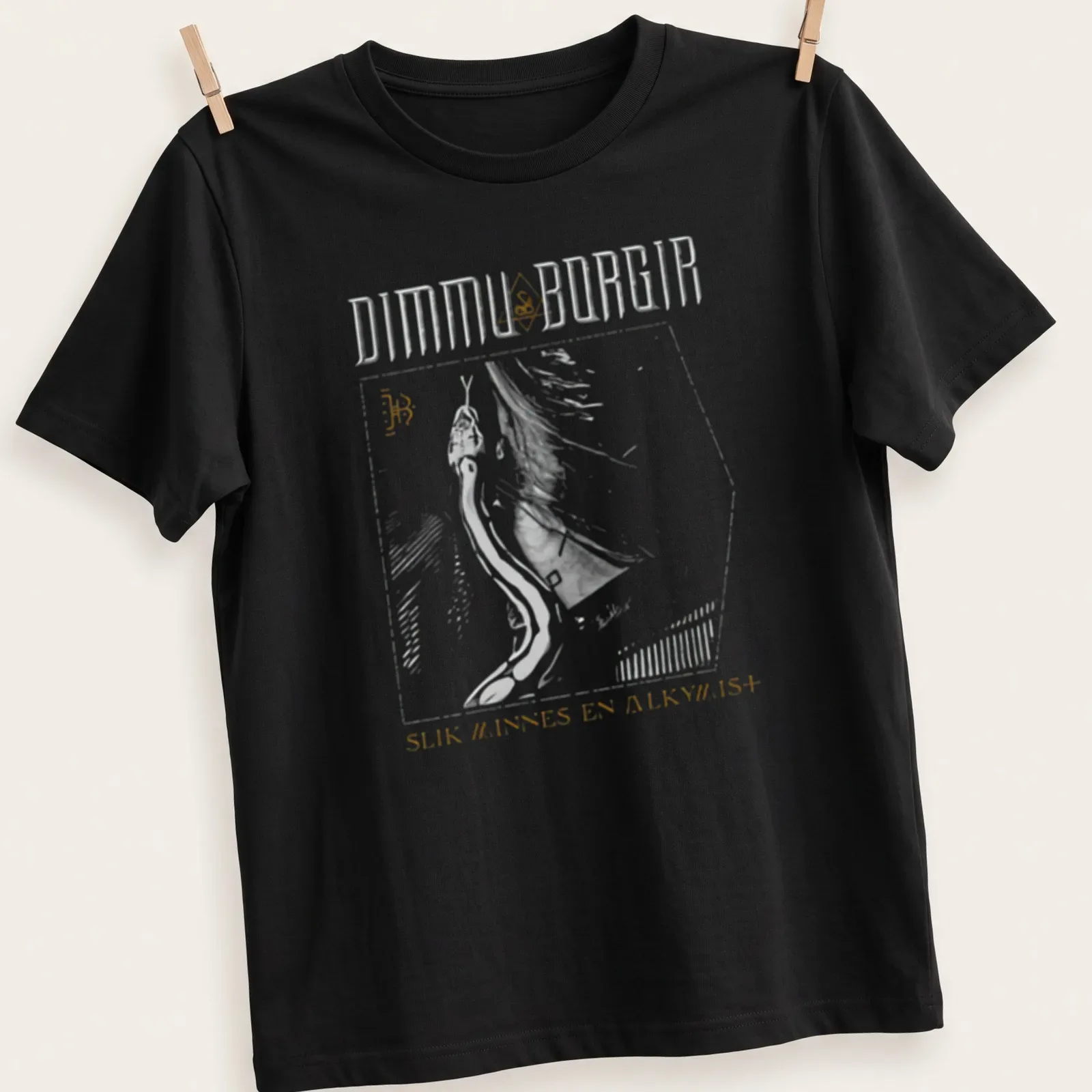 Line art of Dimmu Borgir with printed text in black, gold, and white — printed on a unisex t-shirt