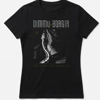 Line art of Dimmu Borgir with printed text in black, gold, and white — printed on a women's shirt