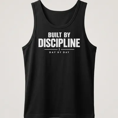 Bold typography shirt with the phrase 'BUILT BY DISCIPLINE DAY BY DAY' in black on white — printed on a tank top