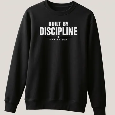 Bold typography shirt with the phrase 'BUILT BY DISCIPLINE DAY BY DAY' in black on white — printed on a unisex sweatshirt