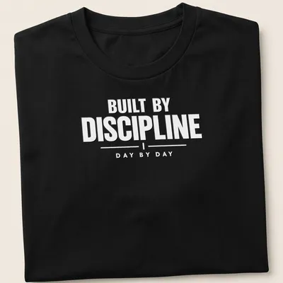 Bold typography shirt with the phrase 'BUILT BY DISCIPLINE DAY BY DAY' in black on white