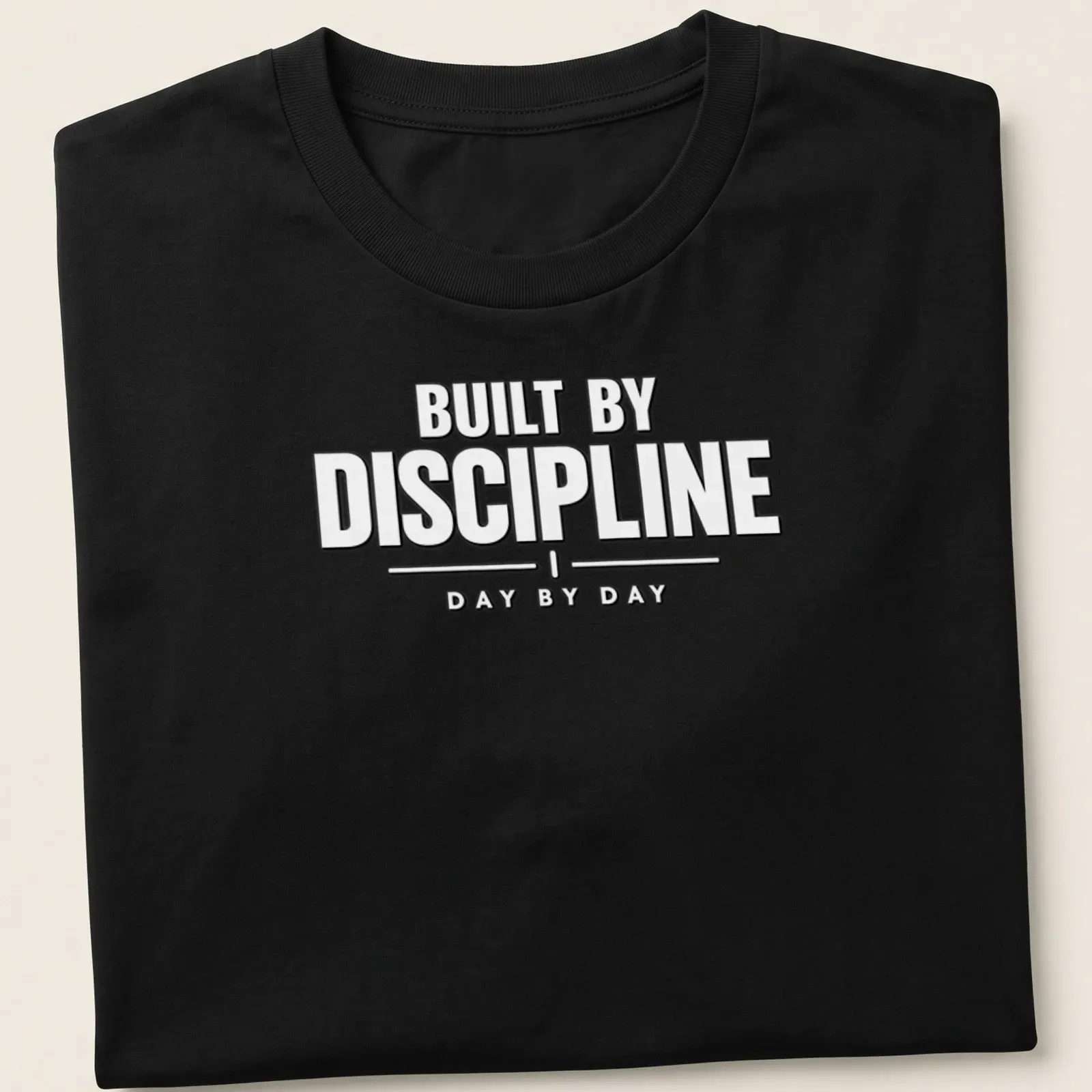 Bold typography shirt with the phrase 'BUILT BY DISCIPLINE DAY BY DAY' in black on white — printed on a unisex t-shirt