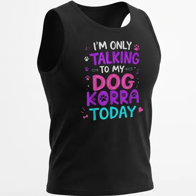 Colorful illustration of a dog named Korra with playful text above — printed on a tank top