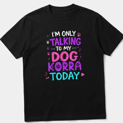 Colorful illustration of a dog named Korra with playful text above