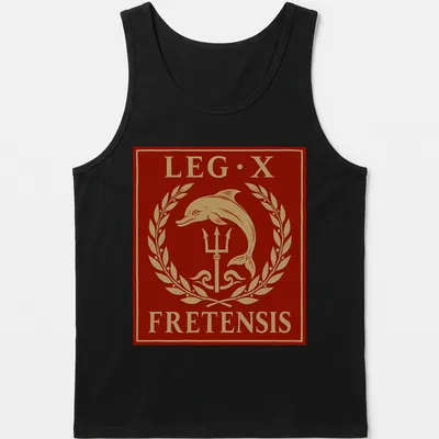 Classic emblem of a dolphin and trident with 'LEG·X FRETENSIS' text in red and gold. — printed on a tank top
