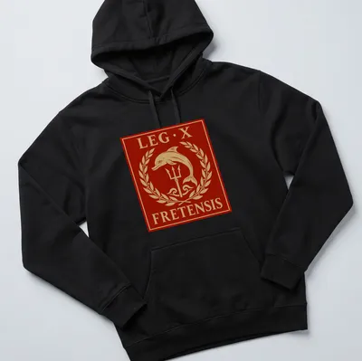 Classic emblem of a dolphin and trident with 'LEG·X FRETENSIS' text in red and gold. — printed on a unisex hoodie