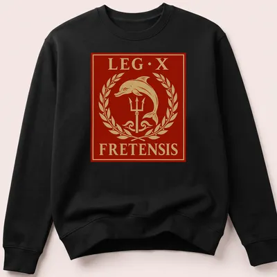 Classic emblem of a dolphin and trident with 'LEG·X FRETENSIS' text in red and gold. — printed on a unisex sweatshirt