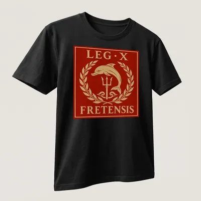 Classic emblem of a dolphin and trident with 'LEG·X FRETENSIS' text in red and gold. — printed on a unisex t-shirt (angled view)