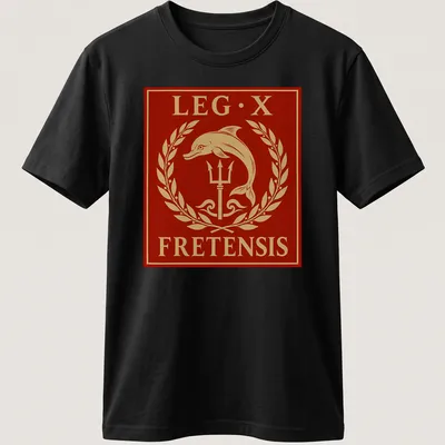 Classic emblem of a dolphin and trident with 'LEG·X FRETENSIS' text in red and gold.