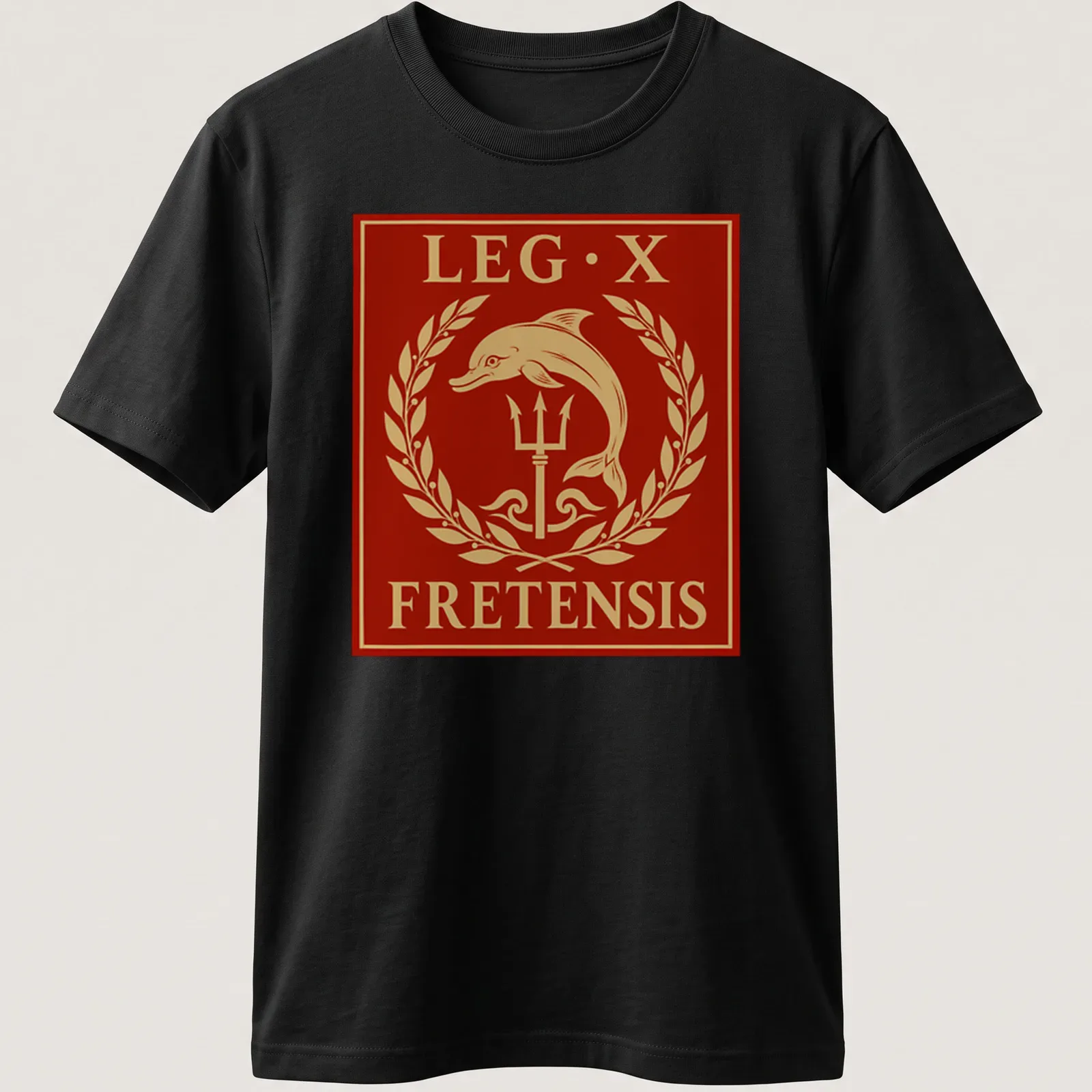 Classic emblem of a dolphin and trident with 'LEG·X FRETENSIS' text in red and gold. — printed on a unisex t-shirt