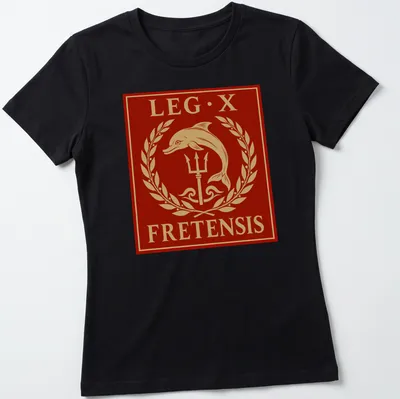 Classic emblem of a dolphin and trident with 'LEG·X FRETENSIS' text in red and gold. — printed on a women's shirt