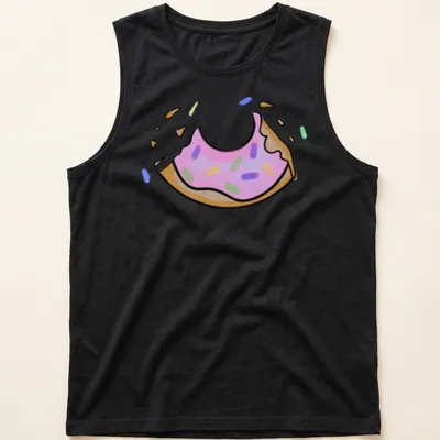 Cartoon donut with pink icing and sprinkles, featuring the text 'One Bite Left' — printed on a tank top