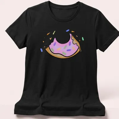 Cartoon donut with pink icing and sprinkles, featuring the text 'One Bite Left' — printed on a women's shirt