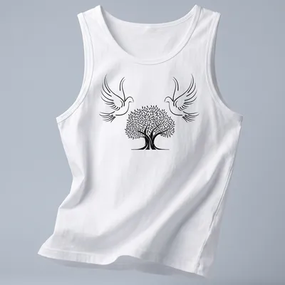Minimalist line-art of doves and olive tree symbolizing peace in black and white — printed on a tank top