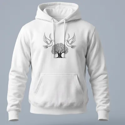 Minimalist line-art of doves and olive tree symbolizing peace in black and white — printed on a unisex hoodie