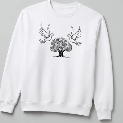 Minimalist line-art of doves and olive tree symbolizing peace in black and white — printed on a unisex sweatshirt