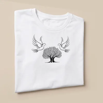 Minimalist line-art of doves and olive tree symbolizing peace in black and white — printed on a unisex t-shirt (angled view)