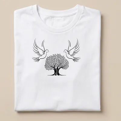 Minimalist line-art of doves and olive tree symbolizing peace in black and white
