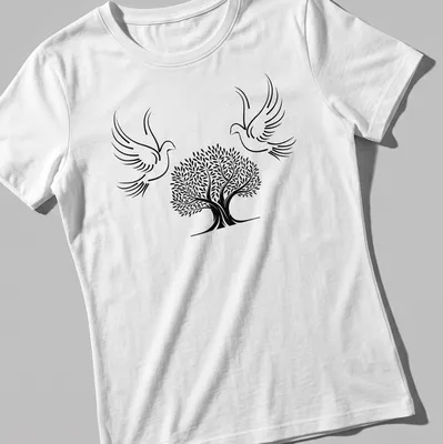 Minimalist line-art of doves and olive tree symbolizing peace in black and white — printed on a women's shirt