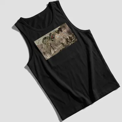 Fantasy illustration of dragons battling soldiers in vivid colors — printed on a tank top