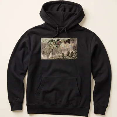 Fantasy illustration of dragons battling soldiers in vivid colors — printed on a unisex hoodie