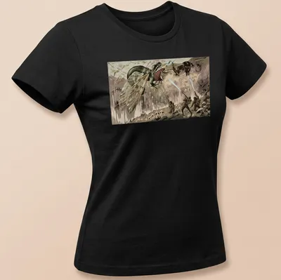 Fantasy illustration of dragons battling soldiers in vivid colors — printed on a women's shirt