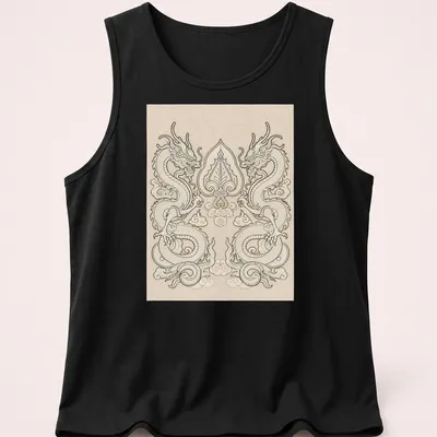 Intricate line-art of two dragons entwined around a Bodhi leaf in cream and beige on a black background. — printed on a tank top