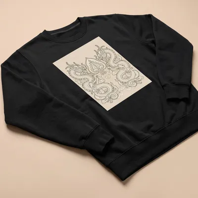 Intricate line-art of two dragons entwined around a Bodhi leaf in cream and beige on a black background. — printed on a unisex sweatshirt