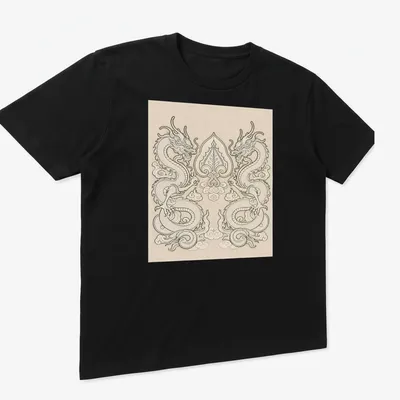 Intricate line-art of two dragons entwined around a Bodhi leaf in cream and beige on a black background. — printed on a unisex t-shirt (angled view)