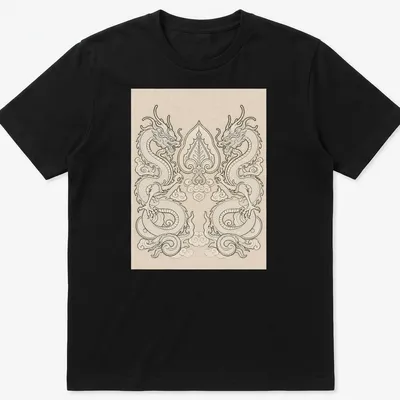 Intricate line-art of two dragons entwined around a Bodhi leaf in cream and beige on a black background.