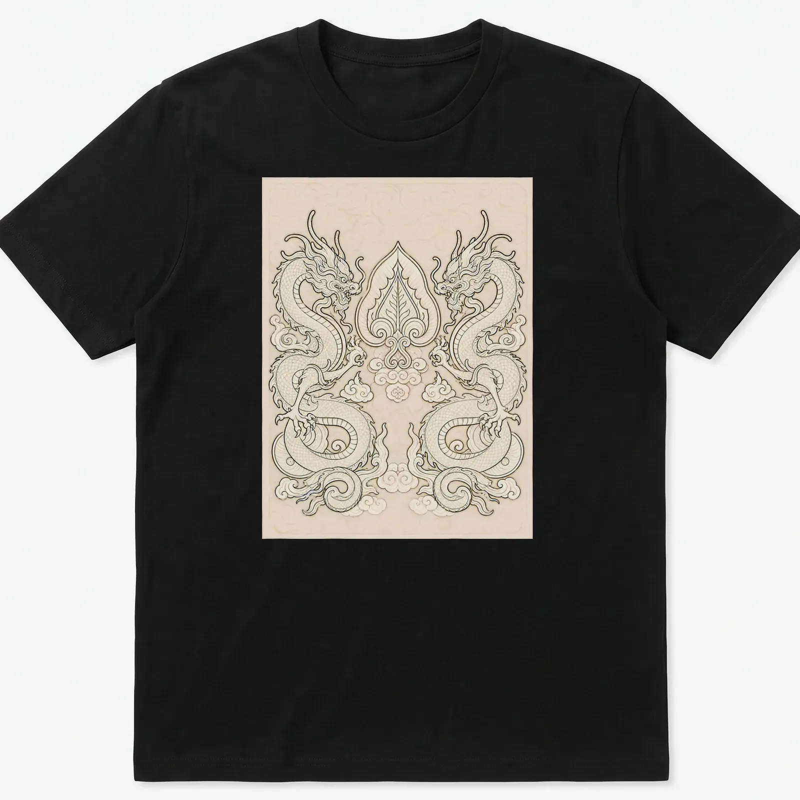 Intricate line-art of two dragons entwined around a Bodhi leaf in cream and beige on a black background. — printed on a unisex t-shirt
