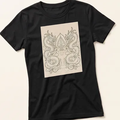 Intricate line-art of two dragons entwined around a Bodhi leaf in cream and beige on a black background. — printed on a women's shirt