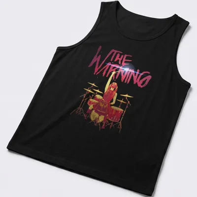 Watercolor print of a drummer girl with the text THE WARNING above her — printed on a tank top
