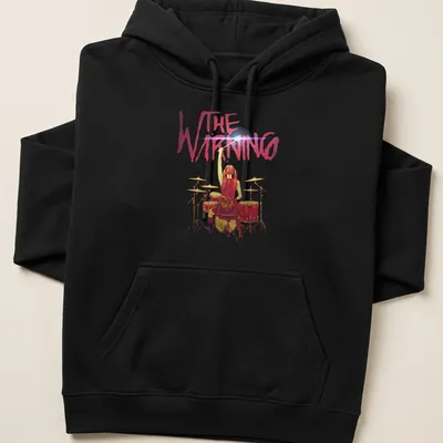 Watercolor print of a drummer girl with the text THE WARNING above her — printed on a unisex hoodie
