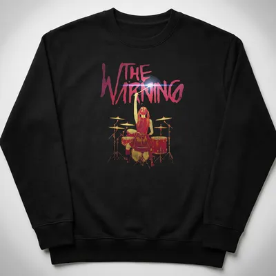 Watercolor print of a drummer girl with the text THE WARNING above her — printed on a unisex sweatshirt