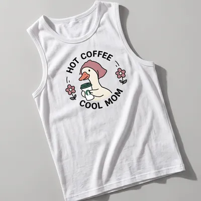 Kawaii duck holding a coffee cup with the text 'Hot Coffee Cool Mom' — printed on a tank top
