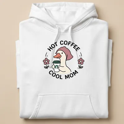 Kawaii duck holding a coffee cup with the text 'Hot Coffee Cool Mom' — printed on a unisex hoodie