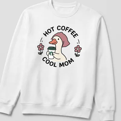 Kawaii duck holding a coffee cup with the text 'Hot Coffee Cool Mom' — printed on a unisex sweatshirt