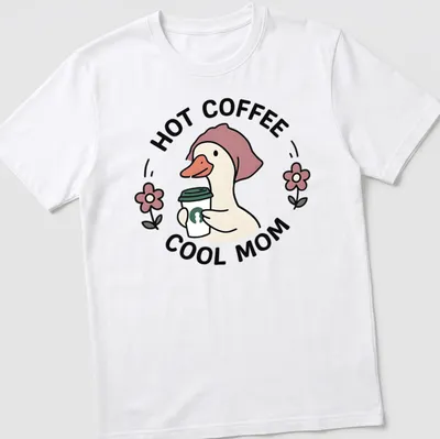 Kawaii duck holding a coffee cup with the text 'Hot Coffee Cool Mom'