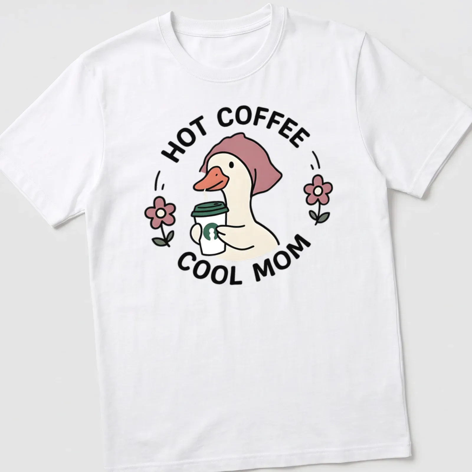 Kawaii duck holding a coffee cup with the text 'Hot Coffee Cool Mom' — printed on a unisex t-shirt