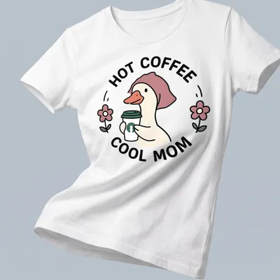 Kawaii duck holding a coffee cup with the text 'Hot Coffee Cool Mom' — printed on a women's shirt