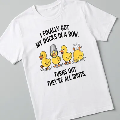 Cartoon design featuring yellow ducks with humorous text about organizing them.