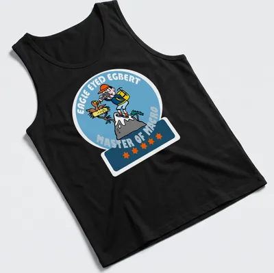 Cartoon graphic of Egbert with camera, colorful text above him. — printed on a tank top