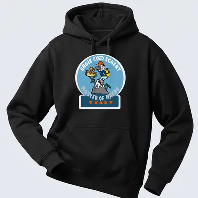 Cartoon graphic of Egbert with camera, colorful text above him. — printed on a unisex hoodie